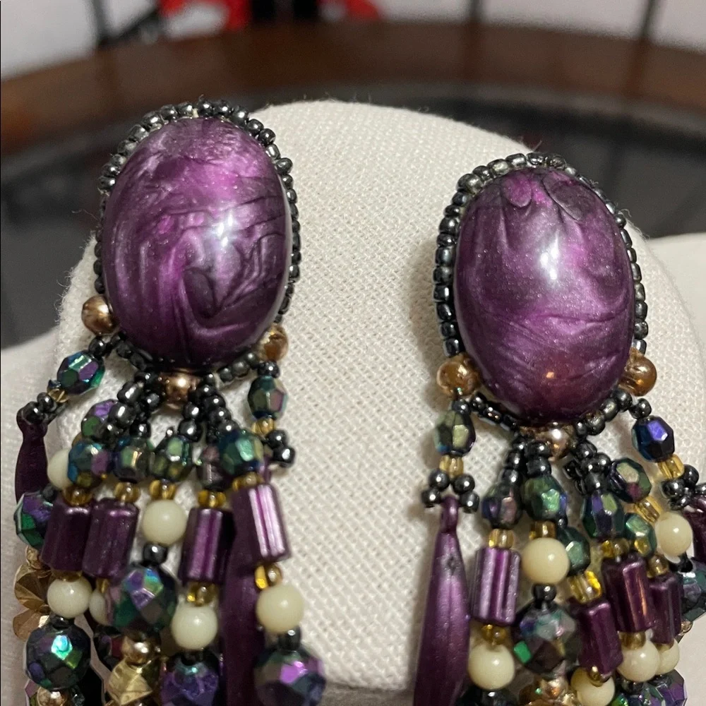 Handmade Purple Beaded Cascade Statement Earrings